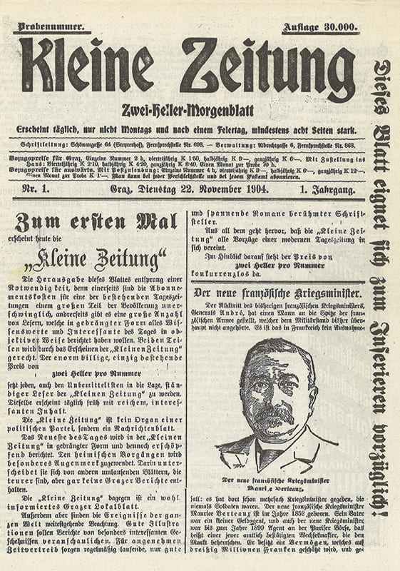 Die erste Ausgabe der Kleinen Zeitung am 22. Nov. 1904